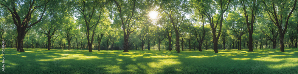 a panoramic view of an enchanting forest with tall trees, a panoramic view of an enchanting forest with tall trees,