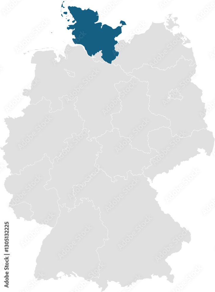 gray map of germany with 16 separated federal states, Schleswig-Holstein highlighted blue gray map of germany with 16 separated federal states, Schleswig-Holstein highlighted blue