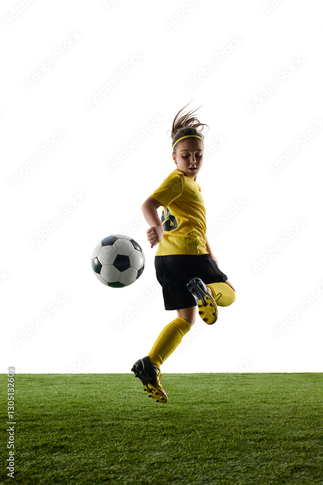 Vertical image of girl, soccer player in yellow jersey and black shorts in motion with ball, kicking in jump against white studio background. Concept of sport, childhood, motion, competition, activity Vertical image of girl, soccer player in yellow jersey and black shorts in motion with ball, kicking in jump against white studio background. Concept of sport, childhood, motion, competition, activity