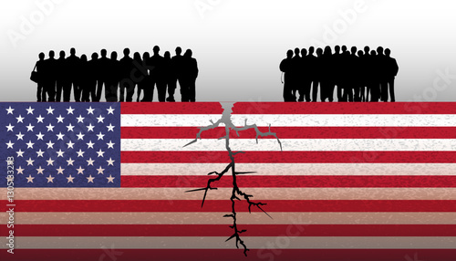 American flag is torn, symbol of division of society, civil war, crisis in the USA .Protests and the danger of dictatorship, political crisis, collapse, chaos of elections, division in country.