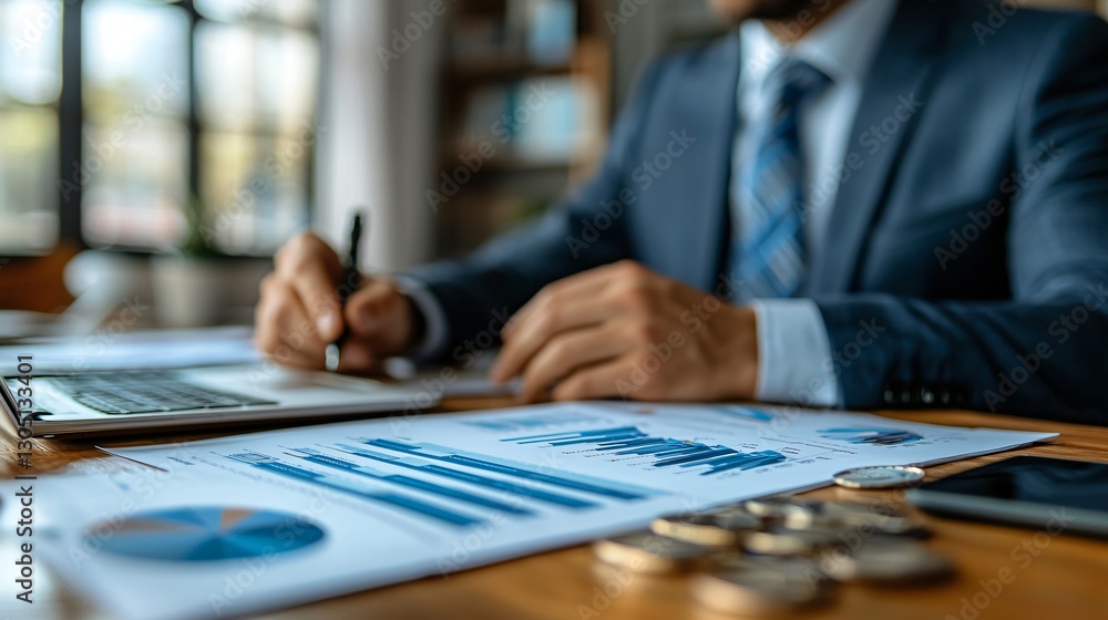 Business professional analyzing financial data and charts in office with laptop and coins on table Business professional analyzing financial data and charts in office with laptop and coins on table