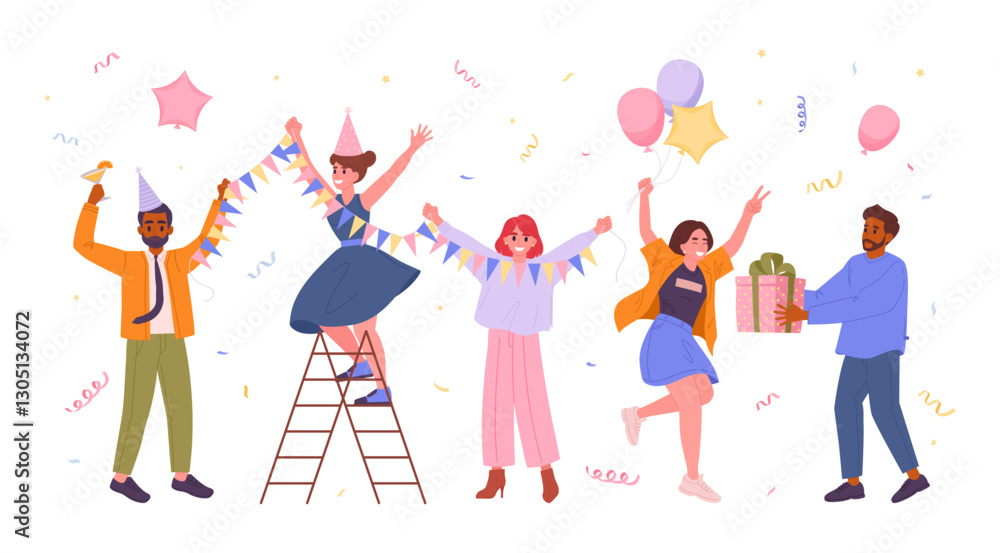 Obraz premium Birthday party celebration. People dancing and having fun together, friends celebration party flat vector illustration. Celebrating characters on white
