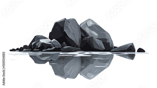 Digital illustration depicting a cluster of dark gray rocks situated near calm water. The rocks vary in size and shape, with smaller pebbles scattered around the larger ones.  The water