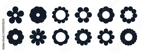 Brutalist abstract flower shapes. Geometric y2k floret figures, minimalist brutalism icons flat vector Illustration set. Modern aesthetic symbols