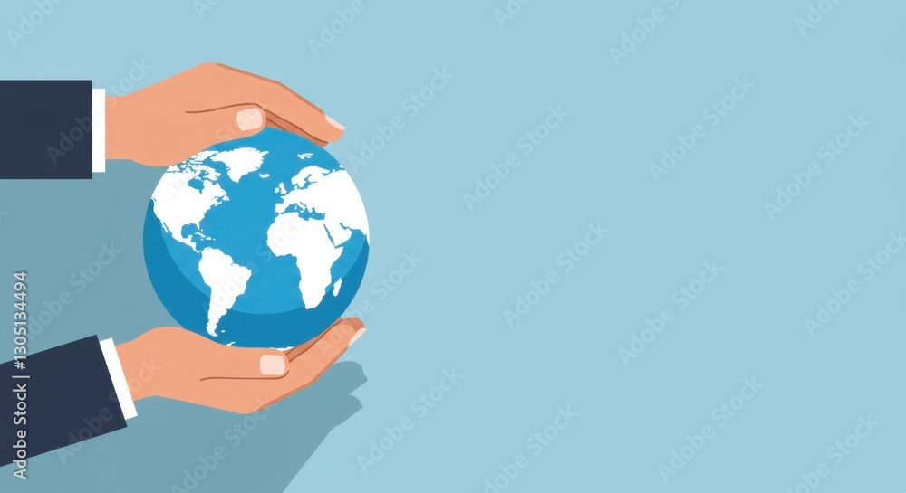 Human hands embracing earth globe on light blue background. Earth Day, World Environment Day. Renewable and sustainable resources. Environmental care, protection. Flat minimalist banner, copy space. Human hands embracing earth globe on light blue background. Earth Day, World Environment Day. Renewable and sustainable resources. Environmental care, protection. Flat minimalist banner, copy space.