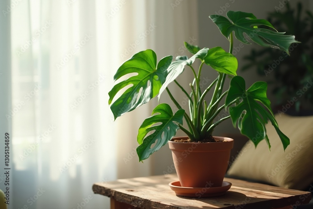 A Potted Plant Sitting on a Table in Front of a Window - Generative AI A Potted Plant Sitting on a Table in Front of a Window - Generative AI