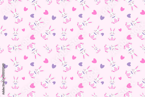 Colorful seamless pattern featuring bunnies, hearts, and Easter eggs for festive decorations