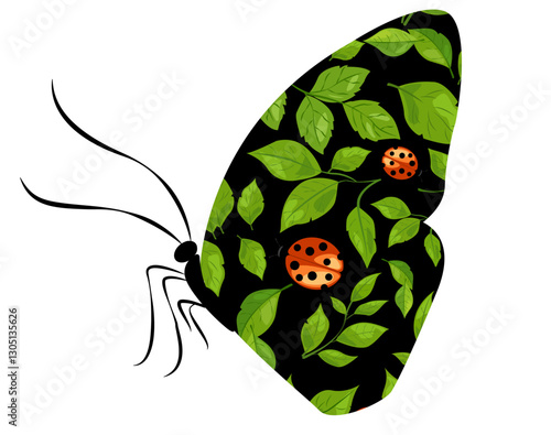 Colorful butterfly illustration with vibrant leaves and ladybugs in a whimsical nature design