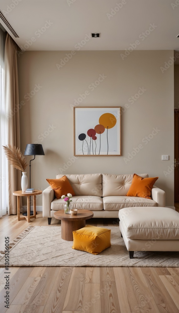 Obraz premium Contemporary Living Room with Beige Sofa, Orange Cushions, Round Table, Abstract Wall Art, and a Tall Black Floor Lamp, Illuminated by Natural Light from a Large Window 