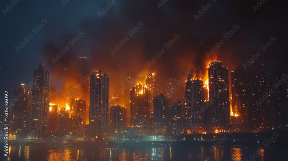 Fototapeta premium A dramatic scene of a nighttime city skyline burning, with flames consuming skyscrapers.