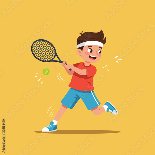 Young Boy Playing Tennis with Racket Striking Ball Cartoon
