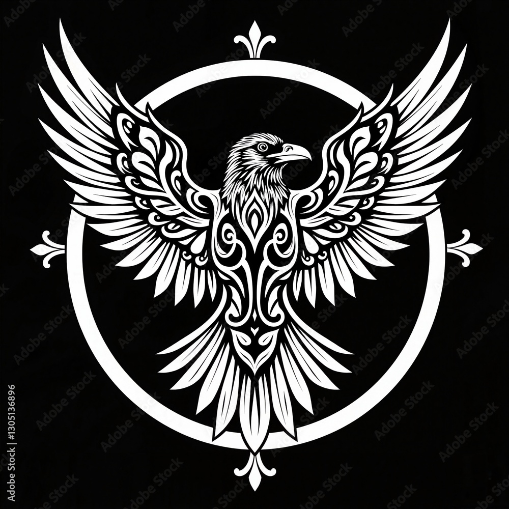 Fototapeta premium Ornate black and white eagle design with wings spread
