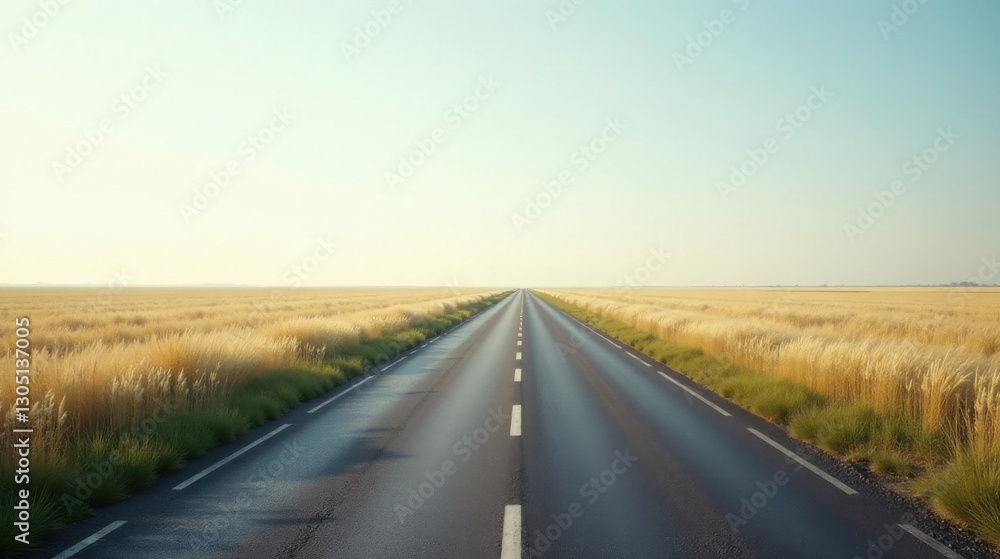 Fototapeta premium Asphalt Pathway Through Golden Fields at Dawn A Scenic Road Trip Image