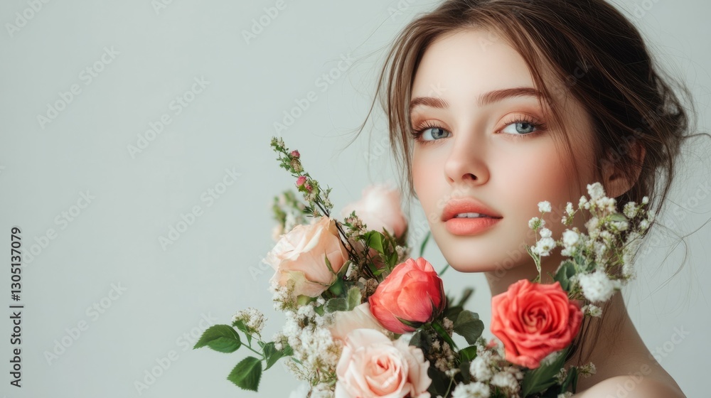 Beautiful young woman with bouquet of flowers generative ai Beautiful young woman with bouquet of flowers generative ai