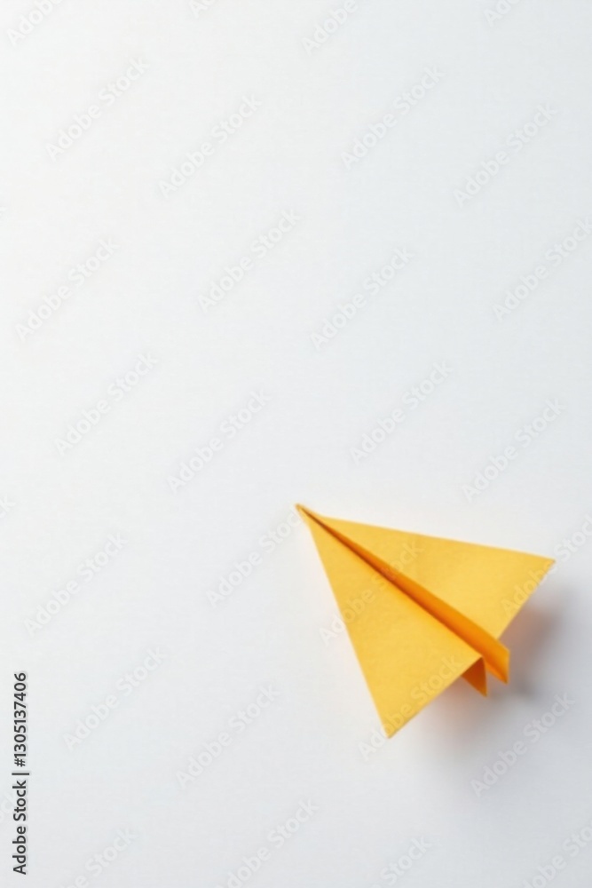 A solitary, handcrafted paper airplane, crafted from bright yellow paper, rests on a pristine white surface, poised for flight, symbolizing dreams of journey and exploration. A solitary, handcrafted paper airplane, crafted from bright yellow paper, rests on a pristine white surface, poised for flight, symbolizing dreams of journey and exploration.