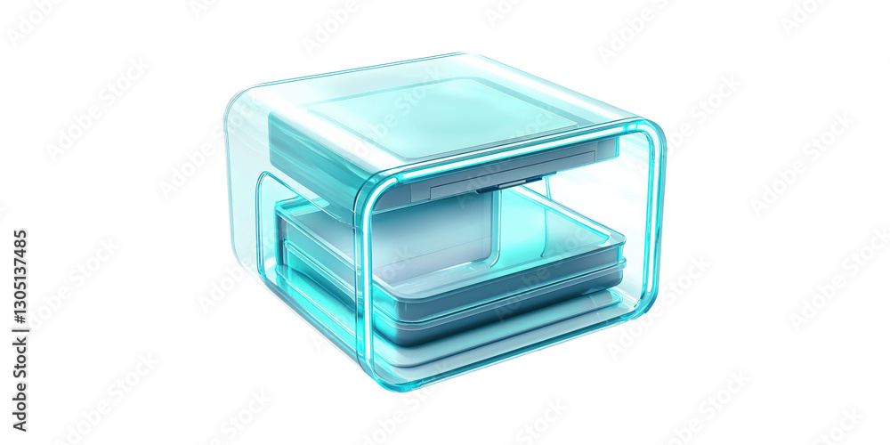 Futuristic cube-shaped electronic device in transparent blue design isolated on transparent background Futuristic cube-shaped electronic device in transparent blue design isolated on transparent background
