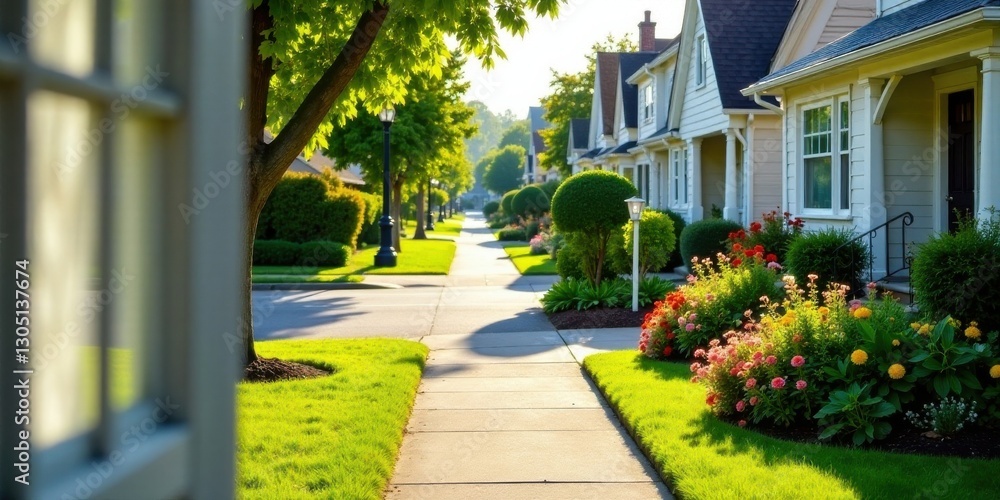 Naklejka premium Sunlit Suburban Street Scene View from a Window, Residential Homes, Lush Lawns, and Vibrant Flower Gardens