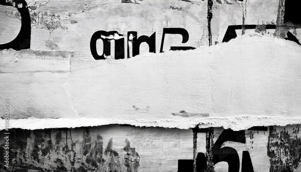 Obraz premium torn white paper on urban grunge wall with abstract black graffiti, blank ripped poster template, textured street art frame