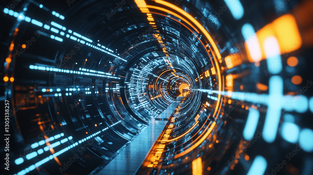 Fototapeta premium Futuristic tunnel with vibrant blue and orange lights. The tunnel creates a sense of depth and technological advancement.