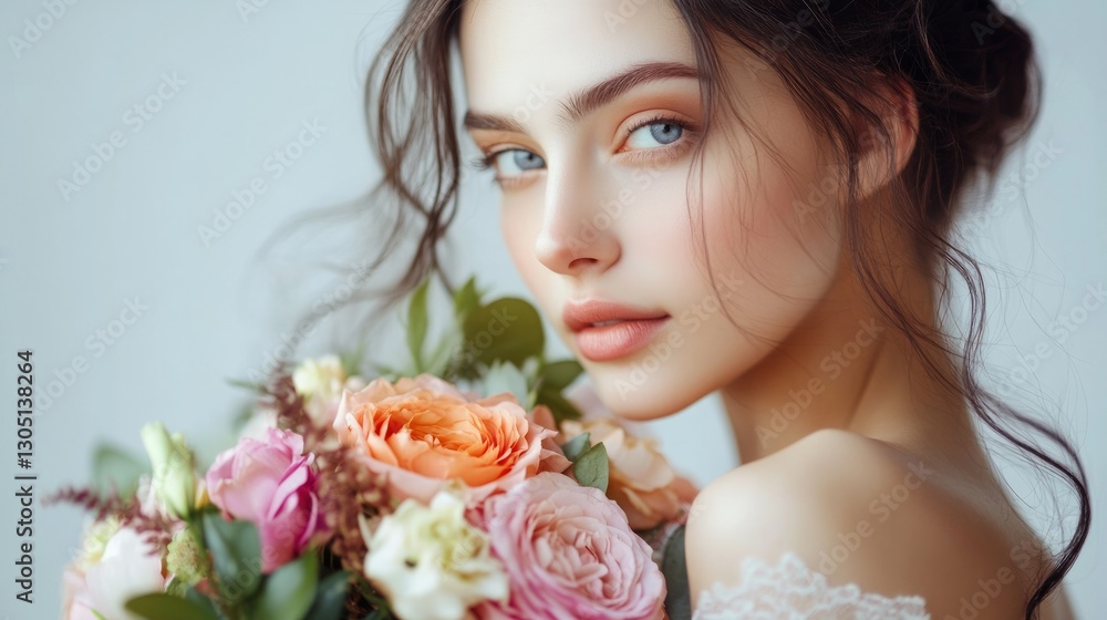Beautiful young woman with bouquet of flowers generative ai Beautiful young woman with bouquet of flowers generative ai