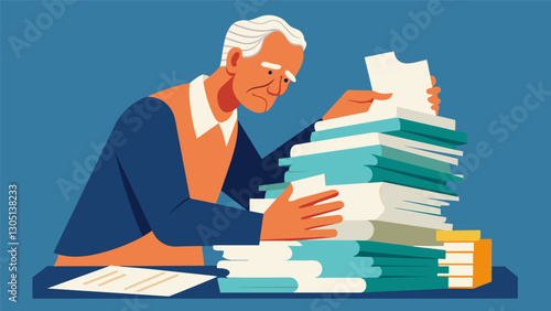 The wrinkled hands of the publisher flip through submissions eagerly seeking out unique and insightful stories from the older generation.. Vector illustration