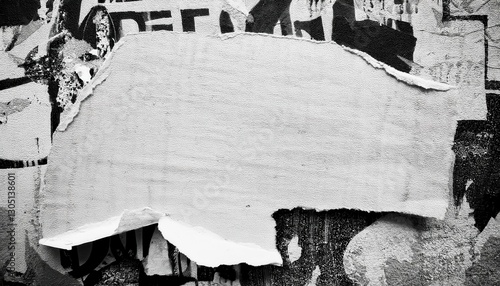 torn white paper on urban grunge wall with abstract black graffiti, blank ripped poster template, textured street art frame

