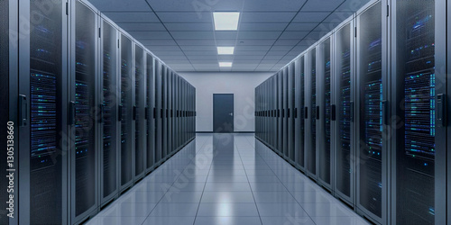 A dimly lit corridor lined with rows of servers  showcasing a modern data center setup  emphasizing technology and organization.