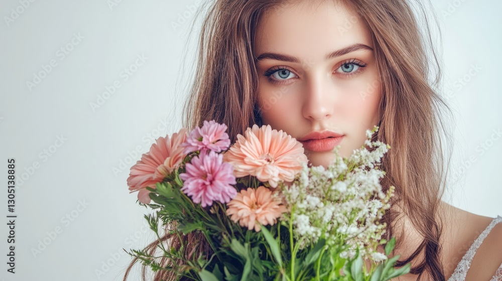Beautiful young woman with bouquet of flowers generative ai Beautiful young woman with bouquet of flowers generative ai
