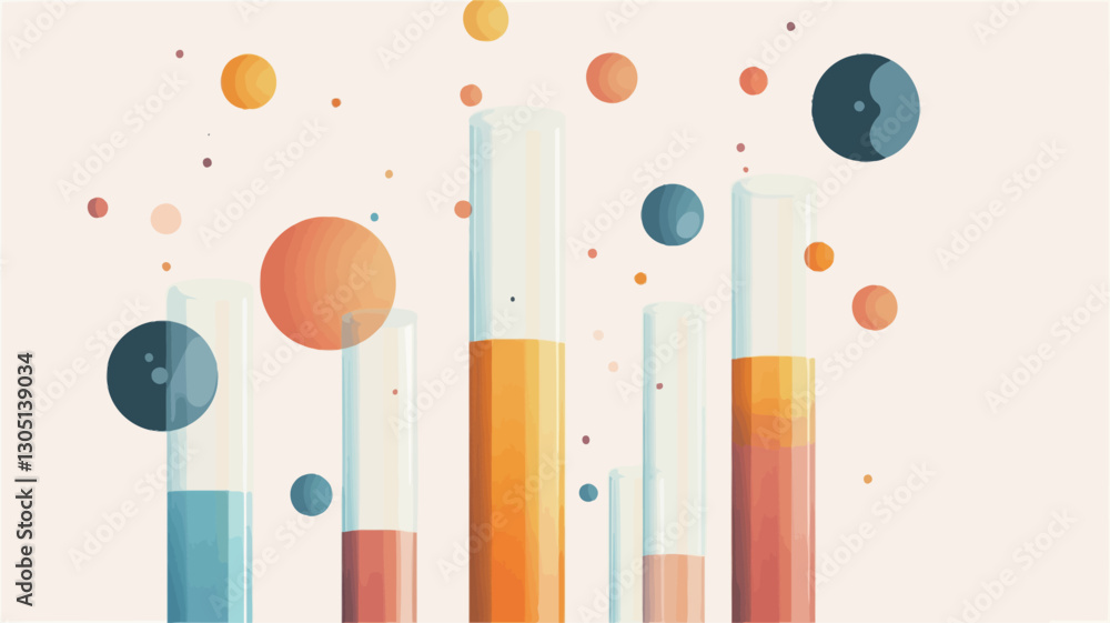 The image features several transparent, cylindrical tubes filled with varying levels of orange, red, and blue liquids. Floating around the tubes are numerous translucent spheres in shades The image features several transparent, cylindrical tubes filled with varying levels of orange, red, and blue liquids. Floating around the tubes are numerous translucent spheres in shades