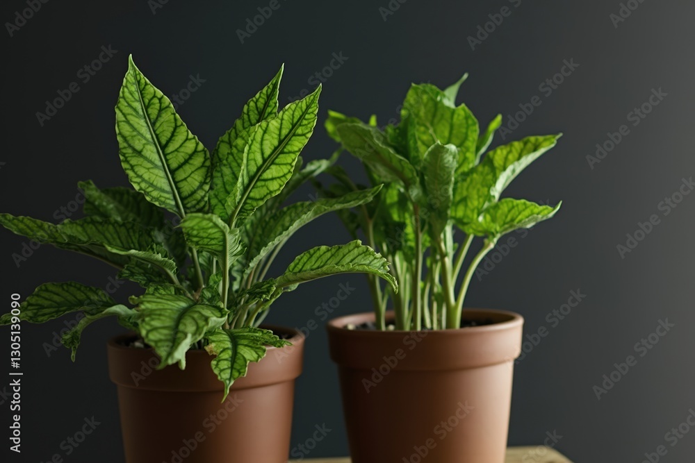 Obraz premium Two Potted Plants Sit on a Wooden Table Next to Each Other - Generative AI