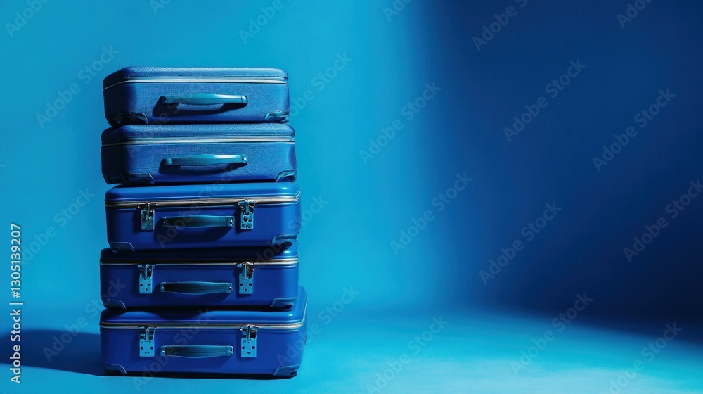Obraz premium Stacked Blue Suitcases on Blue Background
