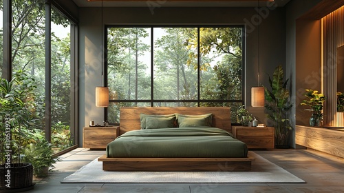 Modern bedroom interior with green bedding and large windows overlooking a serene natural landscape