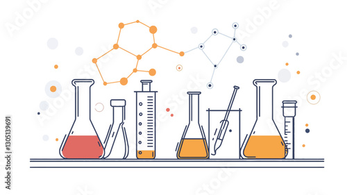 A vector illustration depicting a collection of various scientific laboratory glassware including beakers, flasks, test tubes, and a graduated cylinder.  The glassware contains colored