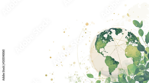 The image features a stylized illustration of the Earth globe, predominantly green and white, with leaf elements surrounding it. The globe is slightly off-center, positioned towards the