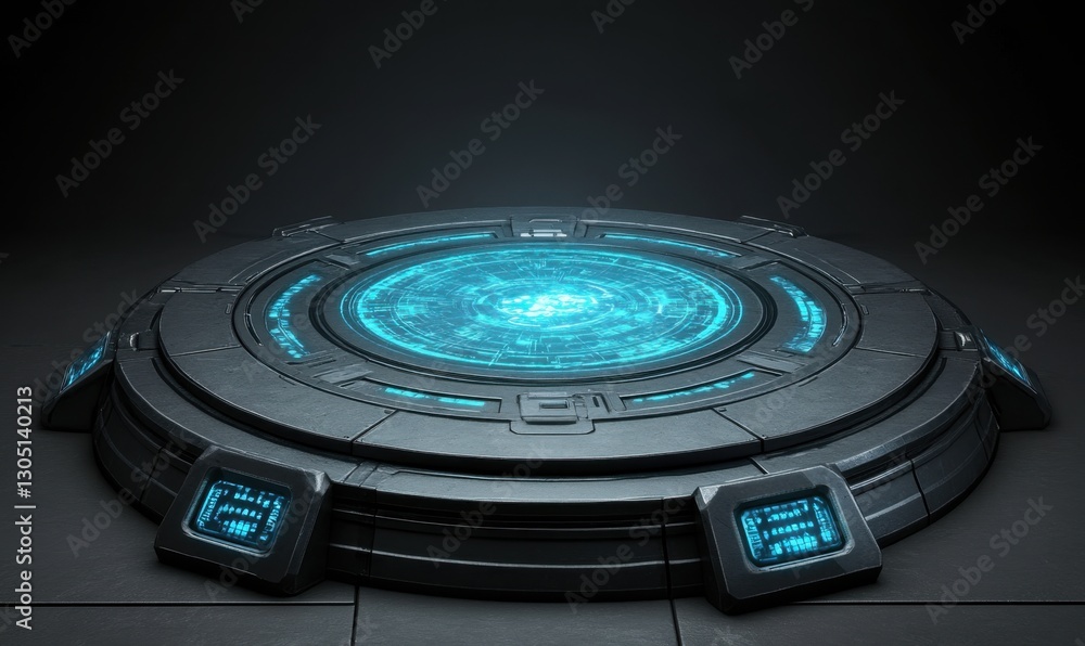 Fototapeta premium Futuristic podium with glowing portal on dark background for product display