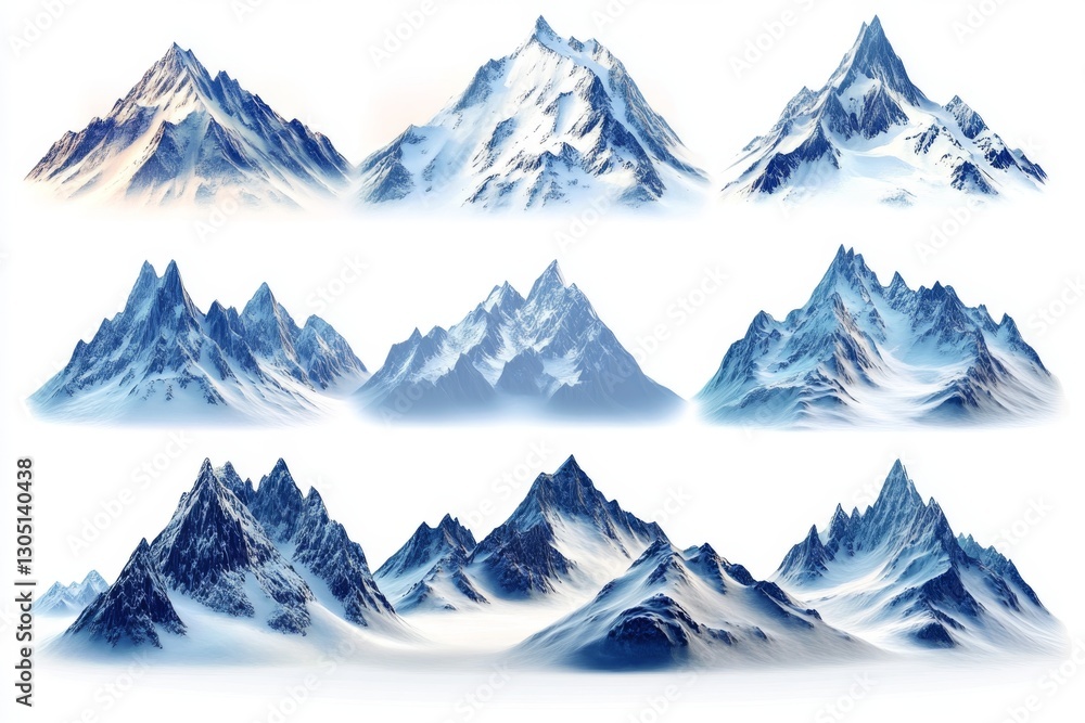 Obraz premium Stunning Collection of Nine Snow Capped Mountain Peaks Isolated on White Background Perfect for