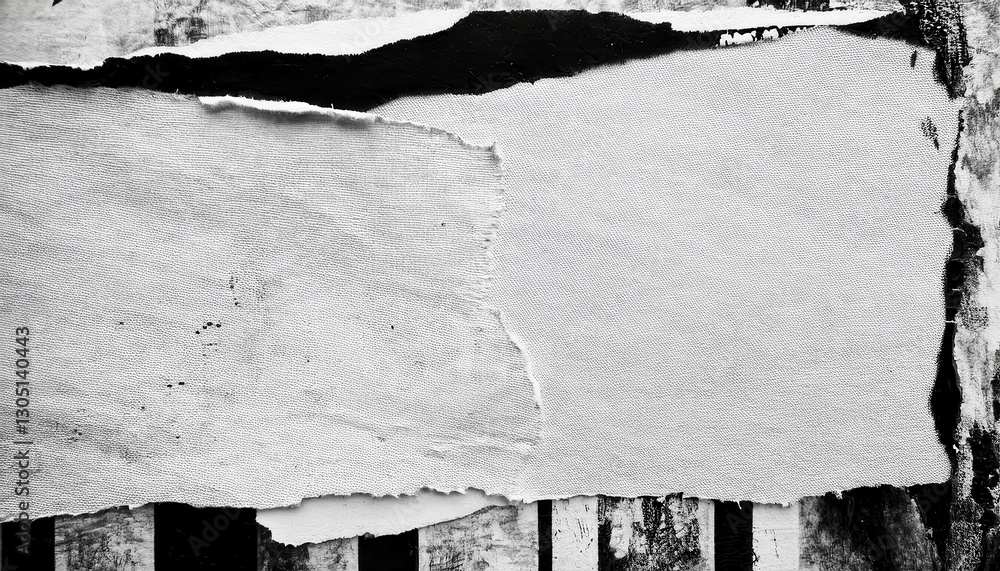 Fototapeta premium torn white paper on urban grunge wall with abstract black graffiti, blank ripped poster template, textured street art frame