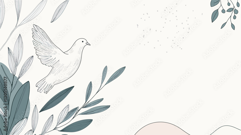A digital illustration featuring a stylized white dove in flight amidst grey-blue and grey botanical elements. The style is minimalist and elegant, with delicate linework and subtle color