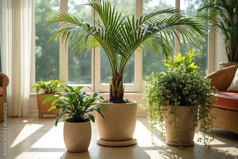 A Group of Potted Plants Sitting in Front of a Window - Generative AI A Group of Potted Plants Sitting in Front of a Window - Generative AI