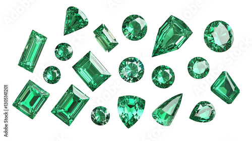 Polished emerald gems displaying varied geometric cuts, reflecting luxury and elegance against clean transparent backdrop