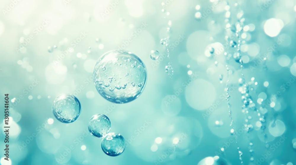 Transparent water bubbles floating in soft aqua blue atmospheric background with gentle bokeh light effect Transparent water bubbles floating in soft aqua blue atmospheric background with gentle bokeh light effect