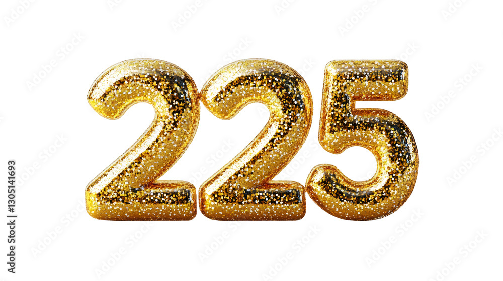 Obraz premium Golden glittery inflatable number 225 floating, celebrating milestone birthday or anniversary against transparent backdrop