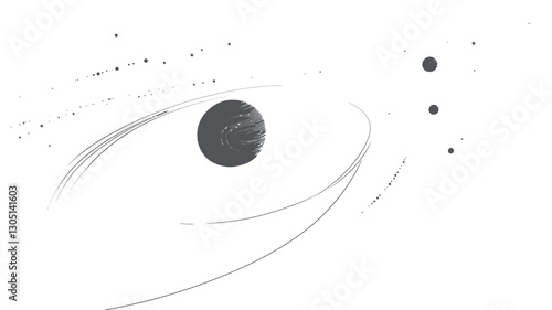 The image is a monochrome illustration or drawing depicting a spiral galaxy.  The galaxy is rendered in shades of grey, showing a central planet or star surrounded by swirling arms of