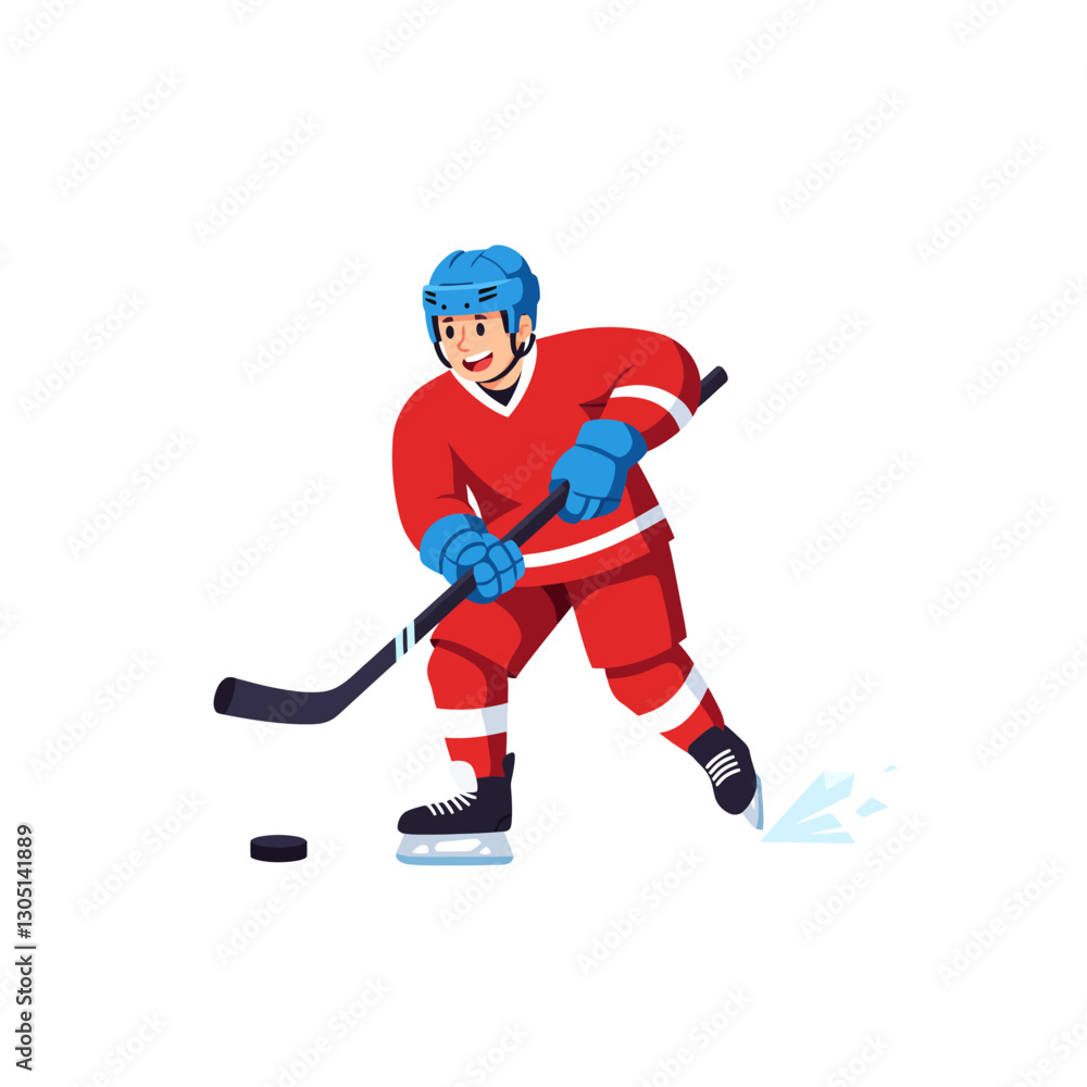 Hockey Player Action Hitting Puck with Stick on White Background Hockey Player Action Hitting Puck with Stick on White Background