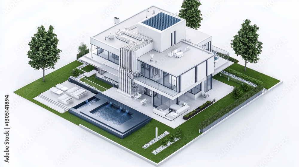 House plumbing system breakdown, water filtration, heating, and drainage visualization. House plumbing system breakdown, water filtration, heating, and drainage visualization.