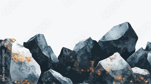Close-up view of an abstract watercolor painting depicting a collection of rocks in shades of dark blue, grey, and hints of gold.  The rocks are irregularly shaped and appear to be painted