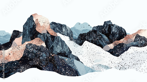 Digital illustration depicting a stylized mountain range. The style is abstract and minimalist, with simplified forms and a limited color palette of greys, blues, and whites.  The mountains