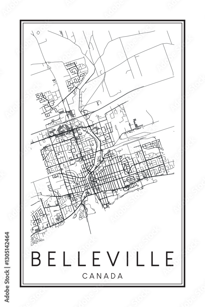 Obraz premium Printable downtown road map poster of the Canadian city of BELLEVILLE on solid white background with city name
