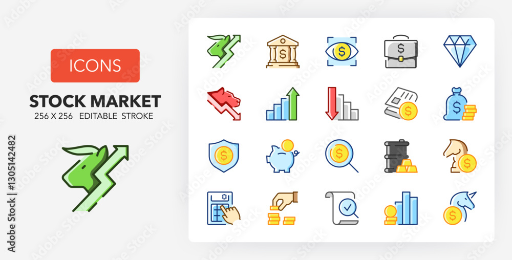 Line icons about stock markets. Contains such icons as bullish, commodities, stock exchange building and more. 256x256 Pixel Perfect editable in colors Line icons about stock markets. Contains such icons as bullish, commodities, stock exchange building and more. 256x256 Pixel Perfect editable in colors