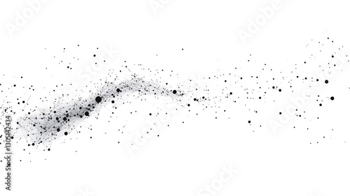 The image shows a high-resolution close-up of irregularly shaped black particles scattered against a pure white background. The particles vary in size and density, creating a dynamic,